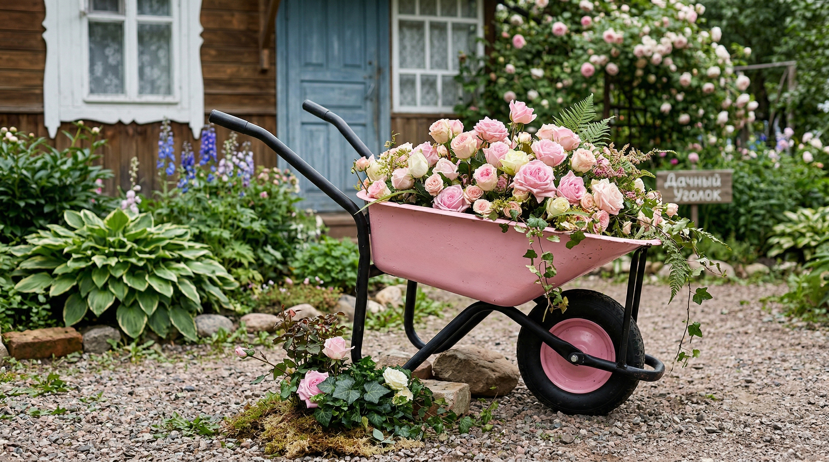Старая телега, превращённая в декоративный элемент участка