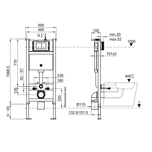 Инсталляция для подвесного унитаза (с клавишей), 48 см PORTO M48010-PR412C Инсталляция для подвесного унитаза (с клавишей), 48 см PORTO M48010-PR412C