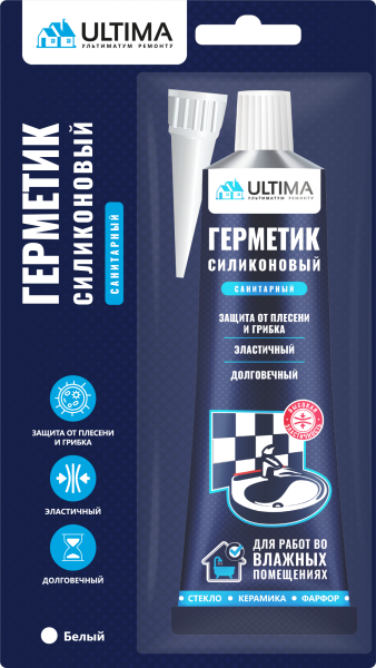 Герметик силиконовый санитарный, Белый, ULTIMA, 80 мл  Герметик силиконовый санитарный, Белый, ULTIMA, 80 мл